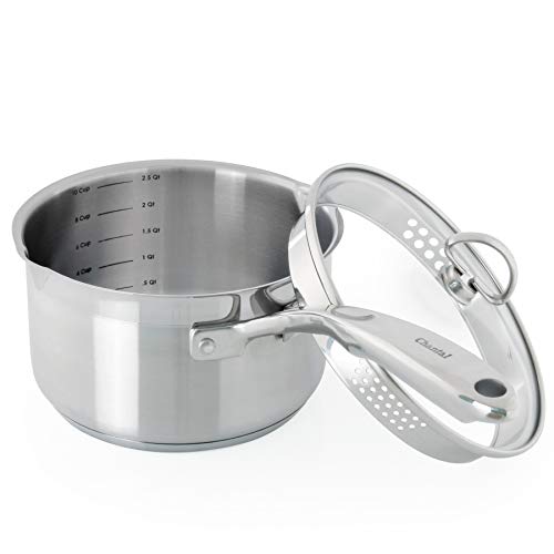Chantal SLIN35-P18 Induction 21 Steel Saucepan with Double Pour Spout and Strainer (2.5 Qt.)
