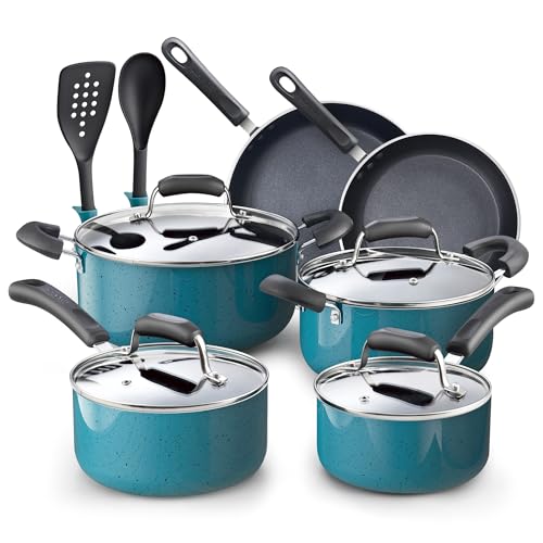 Cook N Home Aluminum, Tempered Glass Cookware Set, 256 fl oz, Turquoise Blue