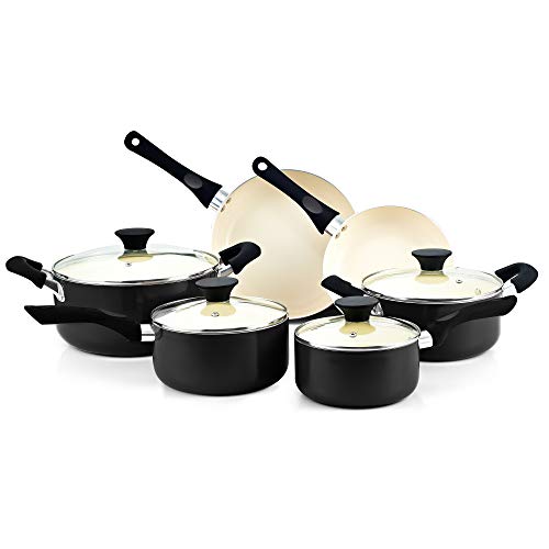 Cook N Home Cook N Home Aluminium Cookware Set, 1 and 2 qt saucepans, 3 qt casserole, 5 qt dutch oven, 10 Piece (Black)