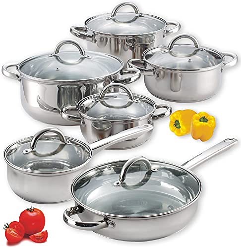Cook N Home Neway International Housewares Stainless Steel Cookware Set, 1.5 quart saucepan, 1.5 quart casserole, 2 quart casserole, 3 quart casserole 12 Piece (Silver)
