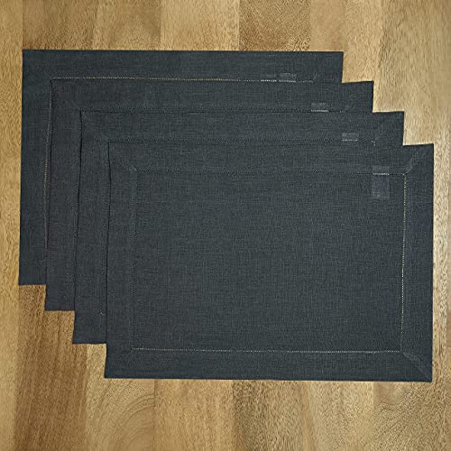 D'Moksha Homes Linen Placemats - 14 x 19 Inch Placemats Set of 4 - Charcoal Gray, Classic Hemstitch Cloth Placemats, Machine Washable, Christmas Placemats for Fall Halloween Thanksgiving