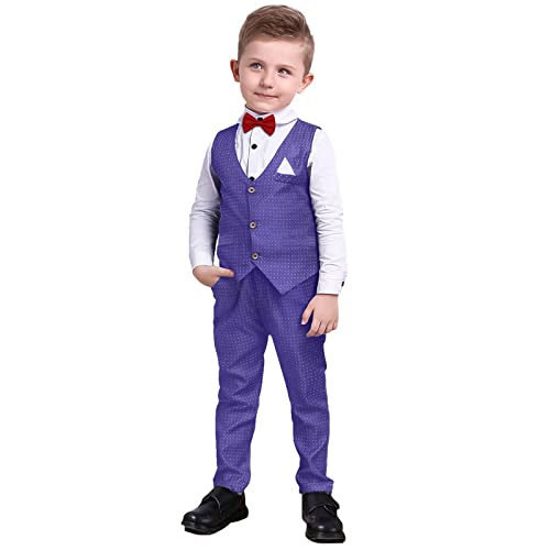 Dinysuos Boys Suit Formal Dress Kids Tuxedo Outfit Dress Shirt with Bow Tie +Slim Vest+Pants 4Pcs 3-7 Years, Purple, 3T
