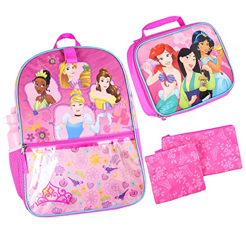 Disney Princess Ariel Jasmine Cinderella Belle 16” Backpack 5 Piece Set Book Bag, Multicolor, One Size