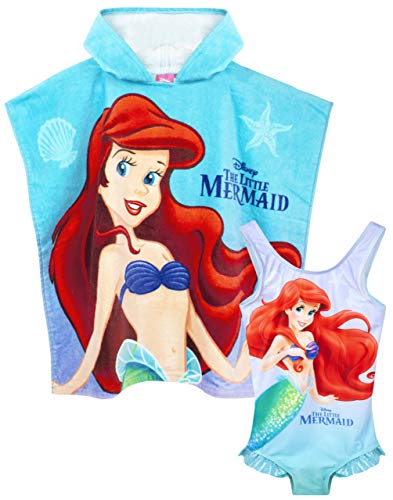 Disney The Little Mermaid Girl's Swimsuit & Hooded Towel Poncho Set 7-8 Years Blue