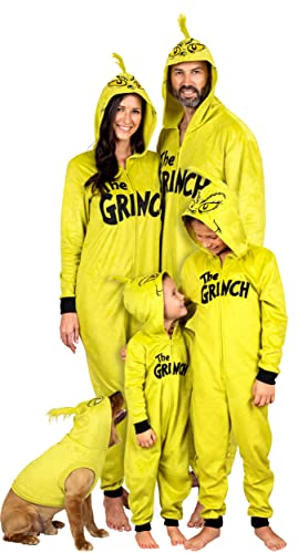 Dr. Seuss Grinch Fleece Onesie Pajamas - Matching Family Adult Kids Hooded Costume, Green, Size Adult Mens - XX-Large-XXX-Large