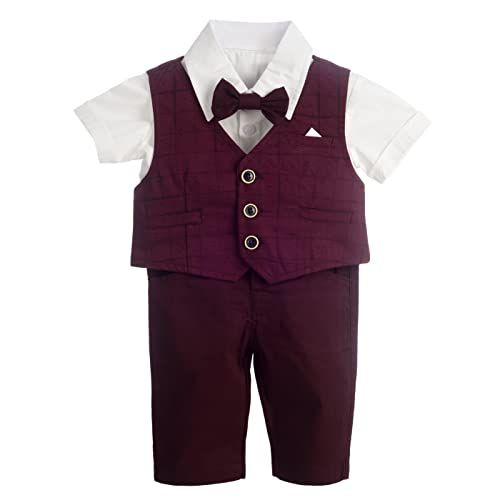 Dressy Daisy Baby Boy Suit Gentleman Wedding Outfit 4 Piece Formal Dress Wear Plaid Short Sleeve Burgundy Size 9-12 Months