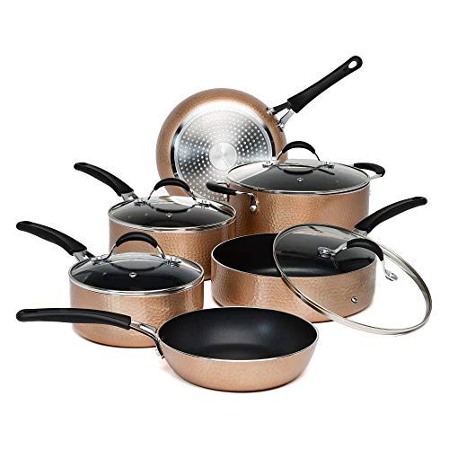 Ecolution Impressions Cookware Set, Frying Pots and Pans with Premium Multilayered Non-Stick, Dishwasher Safe, Riveted Stainless Steel Handles, Glass Vented Lid, 10 Piece, Copper