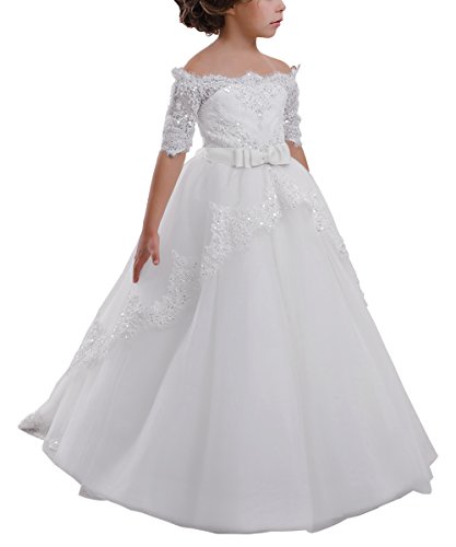 Elegant Flower Girl Lace Beading First Communion Dress 2-12 Years Old All White Size 6