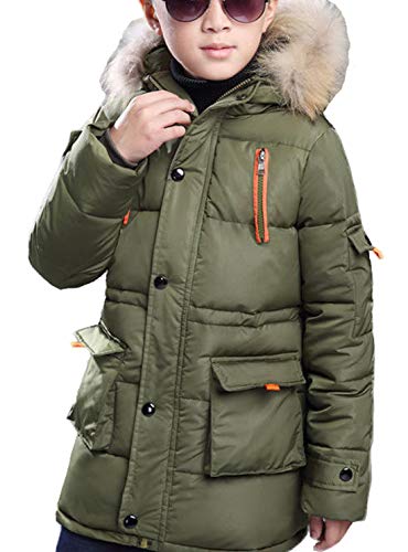 FARVALUE Boy Winter Coat Warm Quilted Puffer Parka Jacket with Fur Hood for Big Boys Army Green Size 12