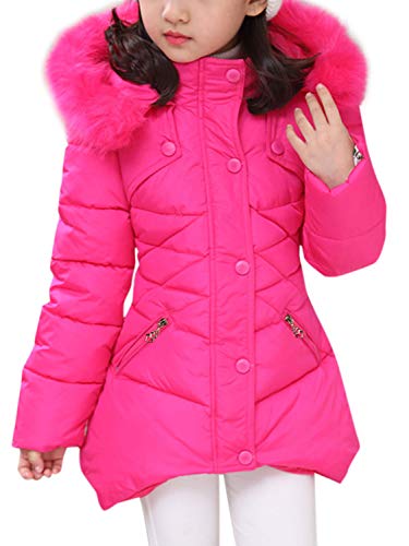 FARVALUE Girls' Winter Coats Fur Hooded Warm Puffer Jacket Coat for Girls, Rose, 9-10 Years