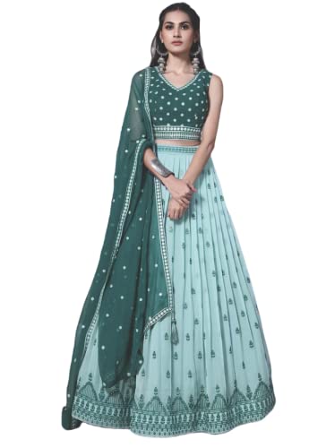 FEALDEAL Women's Georgette Solid Sleeveless Heavy Flare Semi-Stitched Lehenga Choli With Dupatta (Sky Blue)