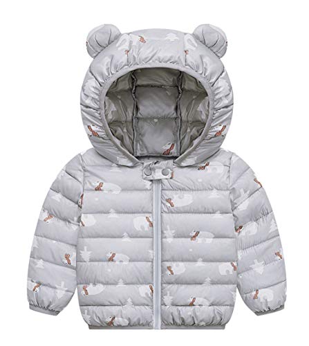 FEOYA Baby Boys Girls Puffer Jacket Winter Warm Hood Coat for Toddler Kids Down Cotton Jacket Lightweight Outwear, Grey, 3-4T