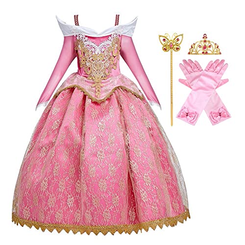 FMYFWY Girls Aurora Princess Dress Embroidered Lace Sleeping Beauty Fancy Dress Up Halloween Christmas Birthday Gown w/Accessories 9-10