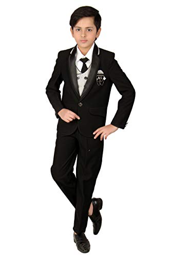 FOURFOLDS 5 Piece Black Coat Suit with Shirt Pant Blazer Waistcoat & tie for Kids & Boys(DNO9, Black, 14)