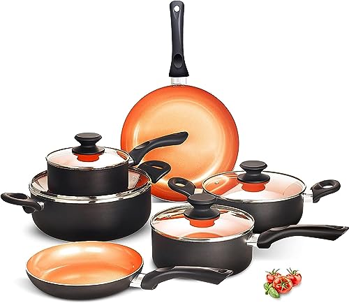 FRUITEAM 10pcs Cookware Set Ceramic Nonstick Soup Pot, Milk Pot and Frying Pans Set, Copper Aluminum Pan with Lid, Induction Gas Compatible, 1 Year Warranty Mothers Day Gifts for Wife