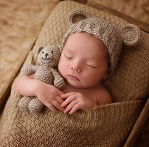 Fashion Newborn Boys Girls Baby Photo Shoot Props Outfits Crochet Bear Hat Beanie with Bear Dolls Photography Props Costume (camel)
