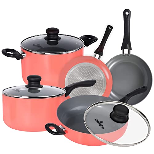 Flamingpan 8-Piece Nonstick Pots and Pans Sets,Kitchen Cookware with Ceramic Coating,Dishwasher Safe, Induction Frying Pan with Lid with Clearance,Suitable for Any Cooktop