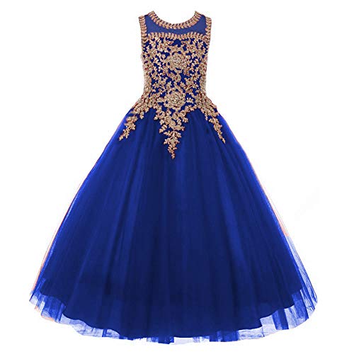 Formal Little Girls Long Pageant Dresses Prom Ball Gown Gold Lace Burgundy Tulle (Royal Blue, 10)