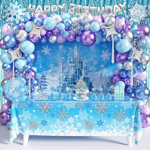 Frozen Birthday Party Supplies Winter Decoration Pack 111 Pcs Wonderland Snowflake Princess Party Decors for Girls (Backdrop, Tablecloth, Banner, Foil Balloons, Balloons Garland) (Frozen 111P)