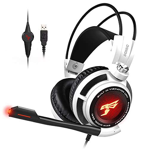 G941 USB 7.1 Channel Gaming Headset with 4D Vibration Sound Effect 40mm Driver Unit Wired Controller LED Light White-POOWE