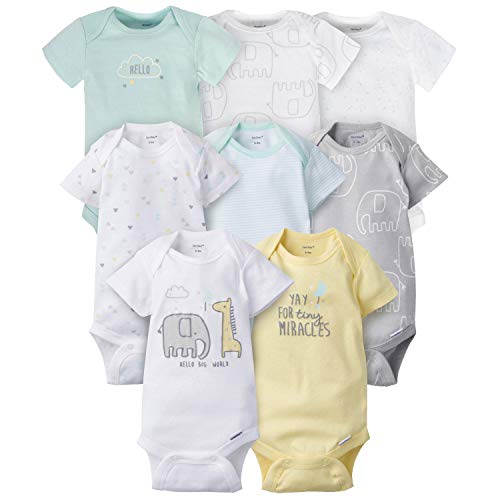 GERBER Baby 8 Pack Short-Sleeve Onesies Bodysuits, Animals Green, 6-9 Months