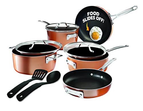 GOTHAM STEEL Stackmaster Aluminium Ultra Nonstick Cast Texture Ceramic Coating, Saves Space Pots and Pans Set with Sauce Pans, Stock Pots, Skillets and More (Brown) - 10 Piece Set