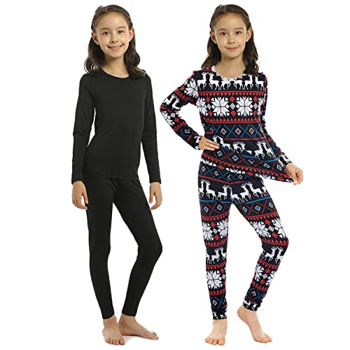 Girls Thermal Underwear Set 2 Sets Kids Long Johns with Fleece Lined Ultra Soft Top & Bottom Base Layer Thermals for Girls Black & Christmas X-Large