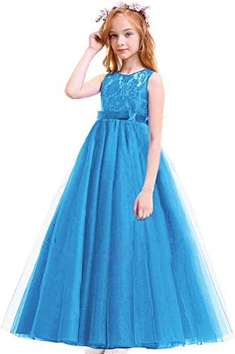 Girls Vintage Floral Lace 3/4 Sleeves Floor Length Party Fall Evening Formal Bridesmaid Prom Dance Gown Blue 9-10 Years