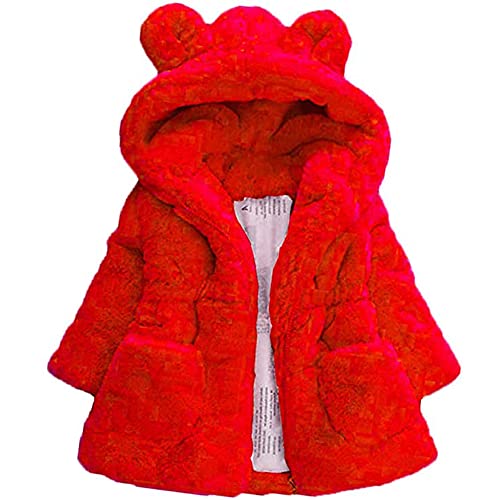 Girls Winter Fleece Coats Ear Hooded Faux Fur Warm Jacket Hoodies Outwear (Red, 3-4T)