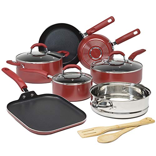 Goodful 12-Piece Nonstick Alminum Cookware Set, Terracotta Exterior, Rust Red