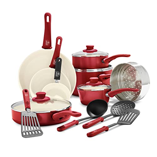 GreenLife Aluminium Nonstick Cookware Set, 1QT covered saucepan, 2QT covered saucepan, 5QT covered stockpot, 2.5QT covered saute pan, 16 Piece (Burgundy)