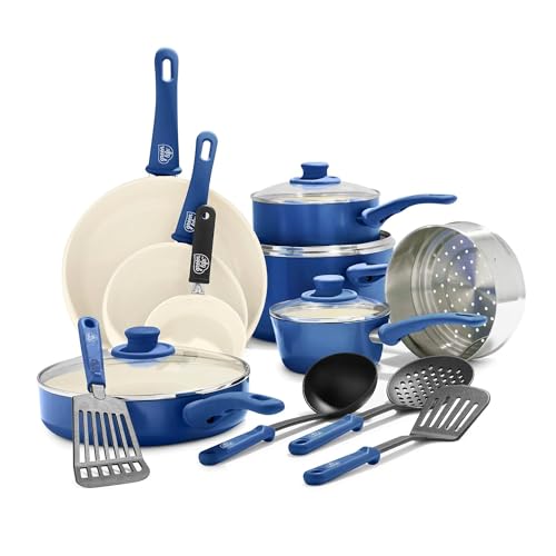 GreenLife CC002378-001 Aluminium, Ceramic Nonstick Cookware Set, 1Qt covered saucepan, 2Qt covered saucepan, 5Qt covered stockpot, 2. 5Qt covered saute pan, 16 Piece (Blue)