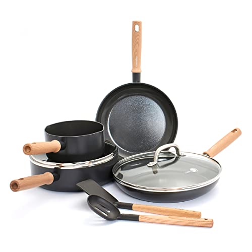 GreenPan Hudson Healthy Ceramic Nonstick, 8 Piece Cookware Pots and Pans Set, Vintage Wood Inspired Handle, PFAS-Free, Dishwasher Safe, Black