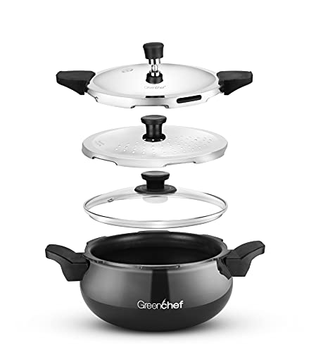 Greenchef Unique Multipurpose Induction Bottom Outer Lid Pressure Cooker- Hard Anodized Aluminum Cooker (5L)