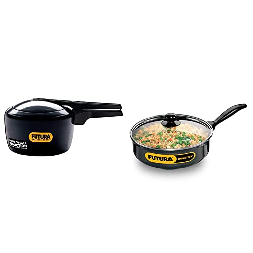 HAWKINS Futura Hard Anodised Induction Compatible Pressure Cooker, 3 Litre & HAWKINS Futura Non-Stick Saute' Curry Pan with Glass Lid, 3.25 litres Combo