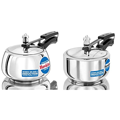 HAWKINS Stainless Steel CONTURA Pressure Cooker 3 litres + Hawkins Stainless Steel Pressure Cooker, 2 litres, Silver