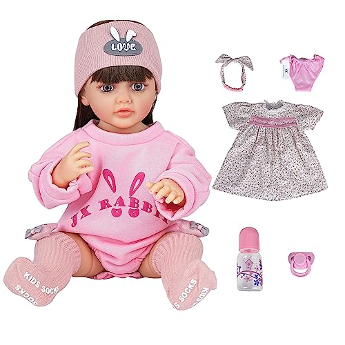 HOAYO Lifelike Reborn Baby Dolls 22 Inch with Beautiful Long Hair Realistic, Newborn Baby Dolls with 2 Sets of Clothes and Feeding Kit Birthday for Kids Age 3+ (No Shoes)