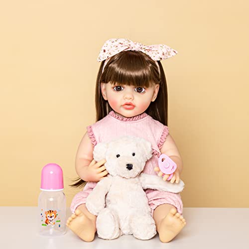 HOAYO Reborn Baby Dolls 22 Inch Newborn Baby Dolls Girl with Long Hair Silicone Vinyl Full Body Lifelike Reborn Toddler Dolls with 2 Sets of Clothes, Christmas Birthday Gift for Kids Girls for Age 3+