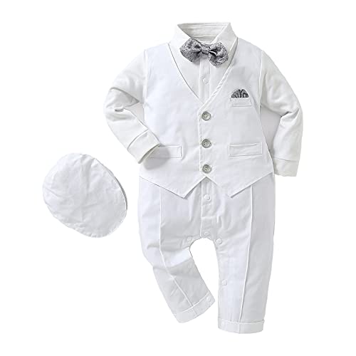 HOSUKKO Baby Suit, One-Piece Romper & Beret & Bow Tie,Toddler Boys Bowtie Outfits Sets for Special Occasion (Long Sleeve, 0-24 Months),White,3-6M