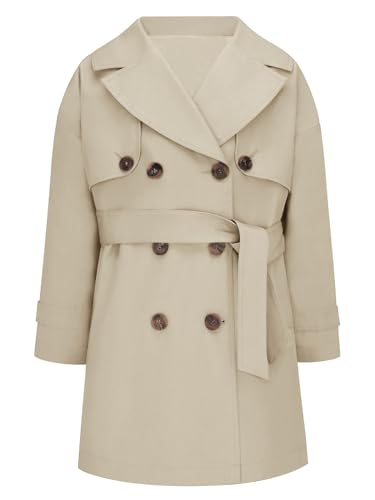 Haloumoning Girl's Double Breasted Trench Coat Belted Jacket Casual Fall Winter Dress Coats with Pockets 5-14 Years, Beige, 13-14 Years