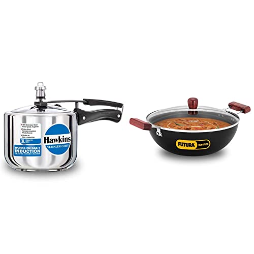 Hawkins 3 Litre Pressure Cooker, Stainless Steel Cooker, Induction Cooker - Inner Lid & 5 Litre Deep Kadhai with Glass Lid, Induction Kadai, Deep Fry Pan
