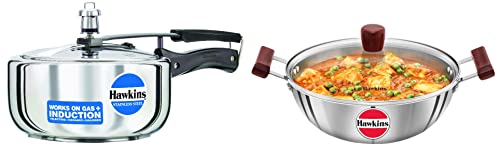 Hawkins 3 Litre Pressure Cooker, Stainless Steel Cooker, Wide Design Pan Cooker & Tri-Ply Stainless Steel Induction Compatible Deep Kadhai (Deep-Fry Pan) with Glass Lid, 4 Litre