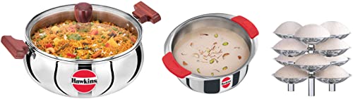 Hawkins 5ltr Cook n Serve Handi with Glass Lid&Hawkins Tri-Ply Induction Compatible Metro Patila, 2.5ltr (SSP25)&Hawkins Idli Stand - 12 Idlis, (for 5ltr and Bigger Pressure Cooker) (SSID5)