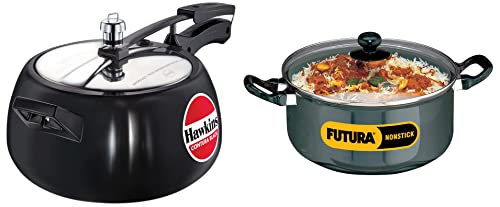 Hawkins Aluminium Contura Black Pressure Cooker,5 Litre,Black(Cb50)&Futura Nonstick Cook-N-Serve Stewpot With Glass Lid,Capacity 5 Litre,Diameter 24 Cm,Thickness 3.25 Mm,Black(Nst50G),5 Liter