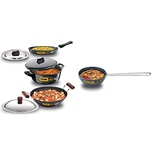 Hawkins Aluminium Futura Hard Anodised Induction Compatible Set, 3-Pieces and L34 Futura Hard Anodised Tadka Spice Heating Pan 2 Cup,480Ml/3.25Mm Thick