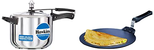 Hawkins Aluminium Futura Nonstick Dosa Tava, Diameter 30 cm, Thickness 4.88 mm (Black) NDT30 & 5 Litre Pressure Cooker, Stainless Steel Cooker, Induction Cooker, Silver (HSS50)