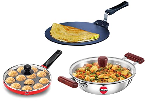 Hawkins Appe Pan, 12 Cups, Red & Aluminium Futura Dosa Tava, Diameter 30 cm, Thickness 4.88 mm (Black) Tri-Ply Induction Compatible Deep-Fry Pan, Capacity 2.5 Litre, Silver