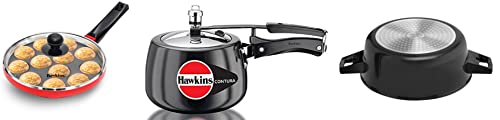 Hawkins Appe Pan, 12 Cups, Red & Contura Hard Anodised Aluminium Pressure Cooker, 3 litres, Black & Futura Hard Anodised Induction Compatible Cook-N-Serve Bowl, 3 Litre, Black, 3 Liter