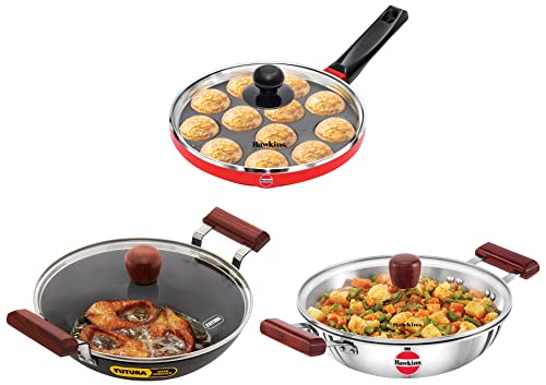 Hawkins Appe Pan, 12 Cups, Red & Hawkins Tri-Ply Deep-Fry Pan,Silver & Futura Hard Anodised Aluminium Round Bottom 3.25 mm Thickness Kadhai (Capacity 2.5 Litre, Diameter 25 cm, Black)