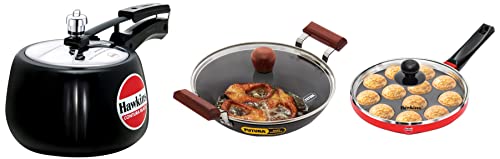 Hawkins Appe Pan,12 Cups,Red&Contura Hard Pressure Cooker,3 litres,Black&Futura Hard Anodised Aluminium Round Bottom 3.25 Mm Thickness Kadhai(Capacity 2.5 Litre,Diameter 25 Cm,Black),2.5 Liter